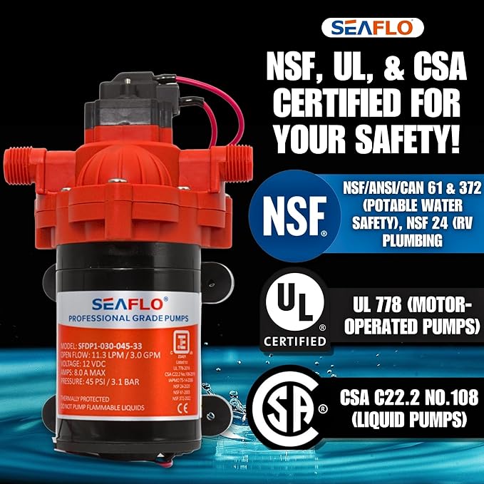 SEAFLO 33 Series 12V DC RV/Camper/Boat/Off-Grid Fresh Water Pressure Pump –12V, 3.0 GPM, 45 PSI, On Demand Self-Priming, Built-In Pressure Switch - NSF, CE & Rohs Certified, UL Listed, 4-Year Warranty