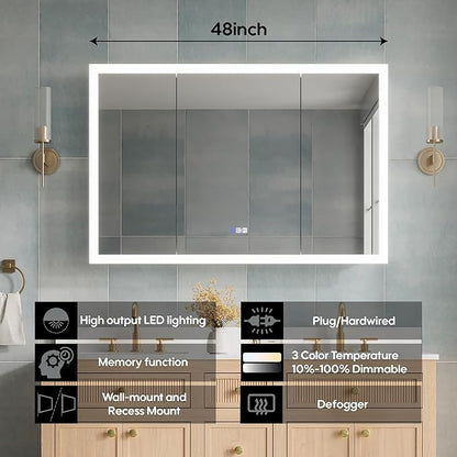 WELLFOR 48 x 32 Inch LED Medicine Cabinet with Lights, 3X Magnification Makeup Mirror, Bathroom Vanity Mirror Cabinet with Storage, Defogging Function, LED Medicine Cabinet Mirror, Three Opening Doors