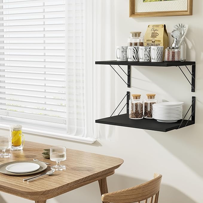 Love-KANKEI Wide Floating Shelves for Wall, Black 16" W x 12" D Large Deep Wood Wall Shelves for Storage in Bathroom, Bedroom, Living Room, and Kitchen Set of 2