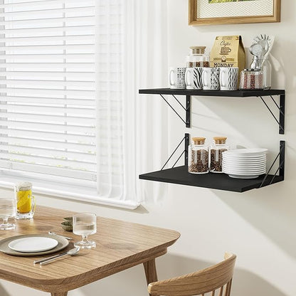 Love-KANKEI Wide Floating Shelves for Wall, Black 16" W x 12" D Large Deep Wood Wall Shelves for Storage in Bathroom, Bedroom, Living Room, and Kitchen Set of 2