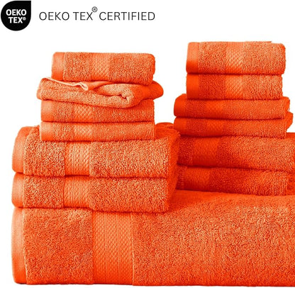 LANE LINEN 100% Ring Spun Cotton Luxury Bath Towel Set, 18 PCs - 4 Bath Towels, 8 Washcloths, 6 Hand Towels for Bathroom - Sustainably Produced & Pet Friendly, Oeko-Tex Certified - Tiger Lily
