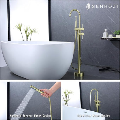 Freestanding Tub Faucet Floor Mount Tub Fillers, Senhozi Brushed Gold Free Standing Tub Faucets, Mixer Tap Two Handle Gold Freestanding Bathtub Faucet with Hand Shower, SE-3001-BG