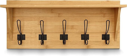 HBCY Creations Rustic Wall Mounted Coat Rack with Shelf - Solid Wood 24" Entryway Shelf with 5 Coat Hangers. Perfect Touch for Your Entryway, Mudroom, Kitchen, Bathroom and More, Bamboo