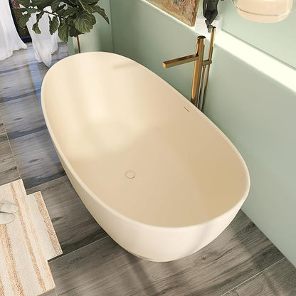 65" Premium Solid Surface Freestanding Bathtub, Modern Cream Design Stone Resin Bath Tub with Overflow and Pop-up Drain, Matte