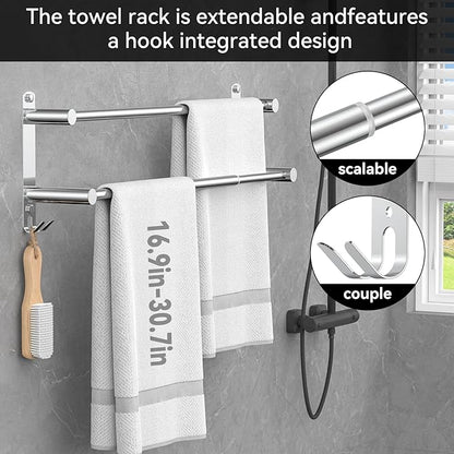 Adjustable Towel Bar for Bathroom Wall Mount17-30.7inch Adhesive Shower Towel Rack Stainless Steel Bath Towel Holders for Toilet Kitchen Double Towel Hanger (2 Layer)