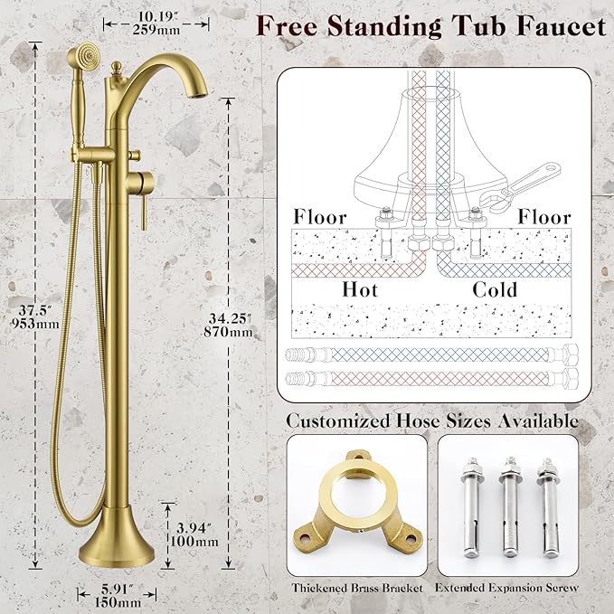 Free Standing Tub Faucet, High Flow Rate Brushed Light Gold Classic Freestanding Tub Faucets with Hand Shower Brass Floor Mount Tub Filler （WT-9002BGZZ）