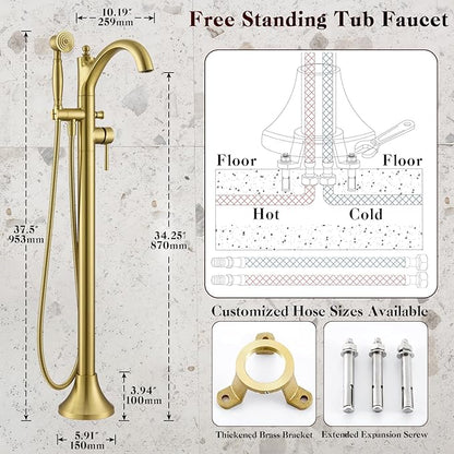 Free Standing Tub Faucet, High Flow Rate Brushed Light Gold Classic Freestanding Tub Faucets with Hand Shower Brass Floor Mount Tub Filler （WT-9002BGZZ）