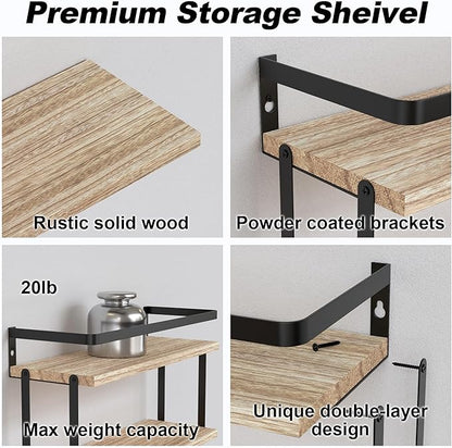 RICHER HOUSE Dual-Level Guardrail Floating Shelves, Rustic Wood Shelf Wall Mounted, Over Toilet Paper Storage Shelf for Bathroom Wall Decor, Bathroom Organizers and Kitchen Storage - Rustic Wood