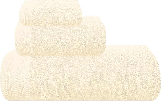 Ultra Soft 3 Pack Cotton Towel Set, Contains a Bath Towels 28x55 inch, a Hand Towels 16x24 inch & a Wash Coths 12x12 inch, Ideal Everyday use, Compact & Lightweight - Ivory
