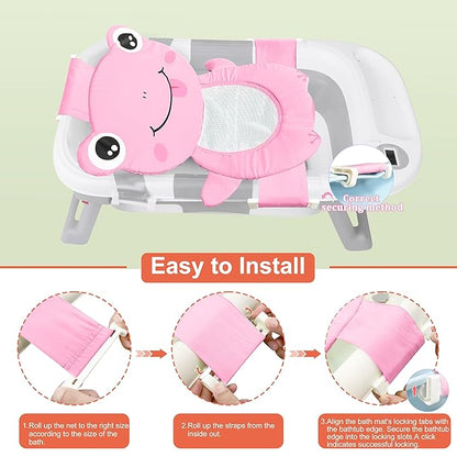 Baby Bath Seat Support Net, Quick Drying, Adjustable, Comfortable, Non-Slip, Infant Bathtub Sling Shower Mesh for a Tub, Soft Newborn Bath Mat (Deep Pink Frog)