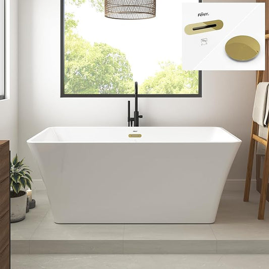 FerdY Sentosa 59" Acrylic Freestanding Bathtub, Contemporary Design Soaking Tub with Polished Gold Drain and Minimalist Linear Design Overflow, Easy to Install