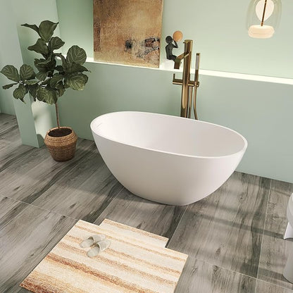 51" Premium Solid Surface Freestanding Bathtubs, Unique Oval Stone Resin Bath Tub with Overflow and Pop-up Drain, Matte White