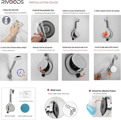 Suction Cup Handheld Shower Head Holder - Reusable - 360 Swivel Adjustable - Wall Mount Shower Wand Holder