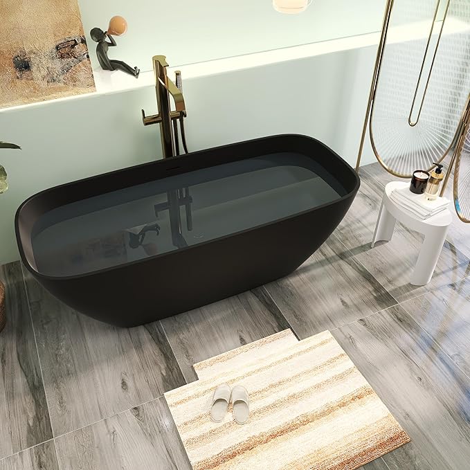 67" Premium Solid Surface Freestanding Bathtub, Upgraded Oval Stone Resin Soaking Tubs with Overflow and Pop-up Drain, Matte Black