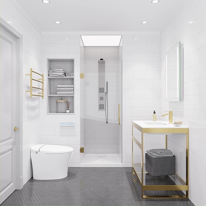 ANZZI 70" x 24" Frameless Shower Door in Brushed Gold,Water Repellent Glass Shower Door with Seal Strip Parts and Handle, 5/16 Glass Hinged Shower Door with Handle (SD-AZ09-01BG)