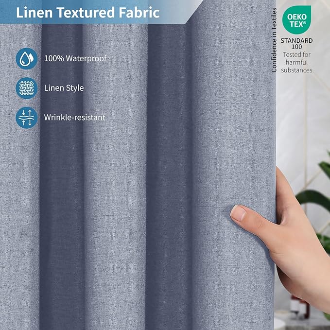2-in-1 Waterproof Extra Long Fabric Shower Curtain or Liner,Linen Textured,84 Inch Breathable TPU & Washable Bathroom Shower Curtain Set with 12 Plastic Hooks,Modern,72"x84" Blue Gray