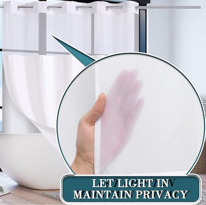Conbo Mio Extra Long No Hook Shower Curtain with Snap in Liner Set, Hotel Luxury White Shower Curtains for Bathroom with See Through Top Window, Waterproof, Washable 71W x 84H