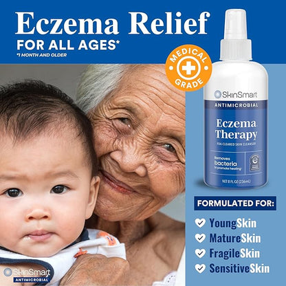 SkinSmart Antimicrobial Eczema Therapy with Hypochlorous Acid, Safely Removes Bacteria so Skin Can Heal, for Adults, Kids and Seniors, 8 Ounce Clear Spray