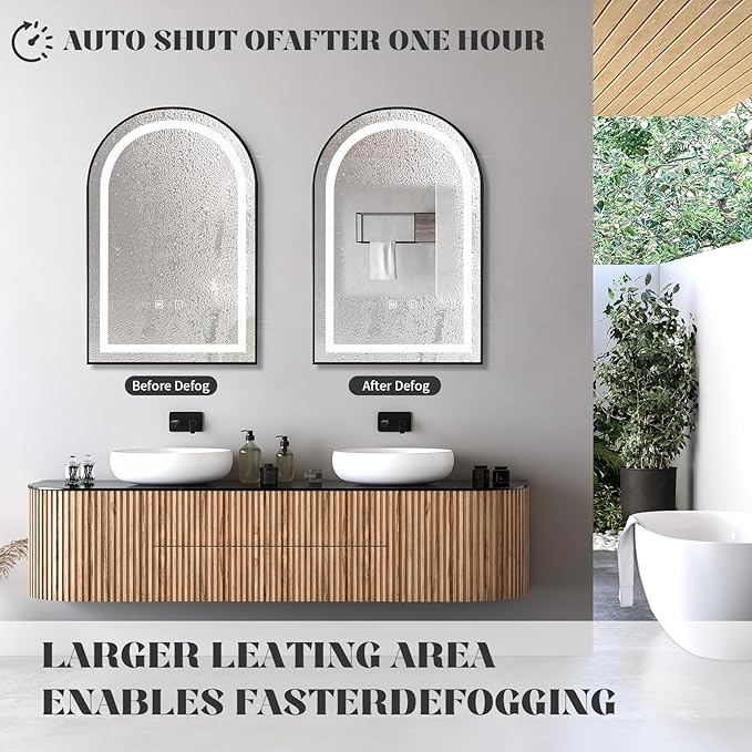 LED Bathroom Mirrors with Lights,24"x36"Black Arched Mirror for Bathroom,Fogless,3 Colors Dimmable,Anti-Fog,Wall Mounted Lighted Vanity Mirror,Black