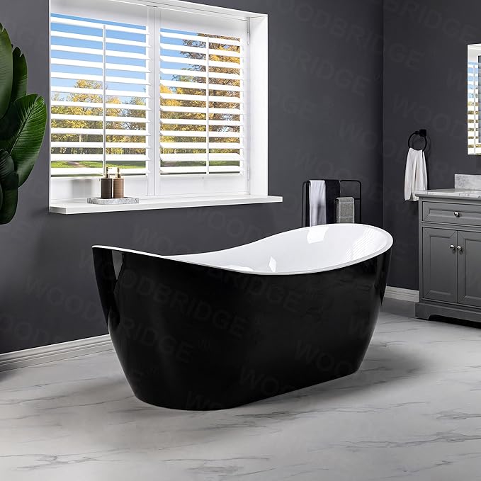WOODBRIDGE 71" Acrylic Freestanding Bathtub Contemporary Soaking Black Tub with Brushed Nickel Overflow and Drain,Black,B1817-BN