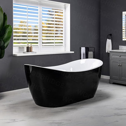 WOODBRIDGE 71" Acrylic Freestanding Bathtub Contemporary Soaking Black Tub with Matte Black Overflow and Drain,Black,B1817-MB