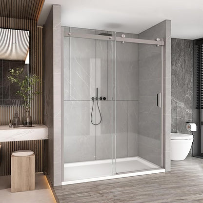 Sunrosa Semi-Frameless Glass Shower Door, 51-55" W x 76" H Single Sliding Shower Door with Tempered Glass 5/16"(8mm), Brushed Nickel