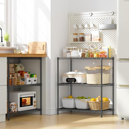 3 Tier Storage Shelves Metal Shelving Unit,Adjustable Wire Rack Pantry Kitchen Shelves,Small Shelf Wire Shelving for Laundry Office Bedroom Dorm Bathroom Closet 24" W x 30" H x 14" D Black Shelves