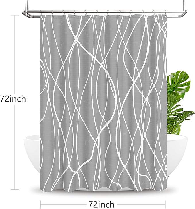 Tititex Morden 140gms Faux Linen Fabric Bath Shower Curtain Set Textured Fabric with Gray White Curve Pattern 72x72 Inch Water Resistant Bathroom Curtains, Weighted Hem & Hooks for Home/Hotel