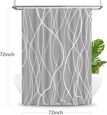 Tititex Morden 140gms Faux Linen Fabric Bath Shower Curtain Set Textured Fabric with Gray White Curve Pattern 72x72 Inch Water Resistant Bathroom Curtains, Weighted Hem & Hooks for Home/Hotel