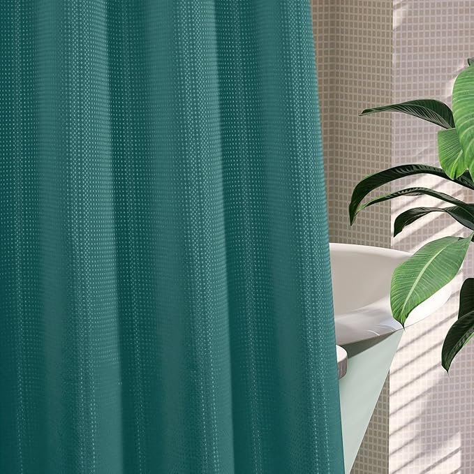 MitoVilla No Hooks Needed Extra Long Shower Curtain Liner Set, Green 86 inch XL Heavyweight Waffle Cloth Shower Curtains Set with Snap-in Liner for Modern Luxury Hotel & Spa Bathroom Decor
