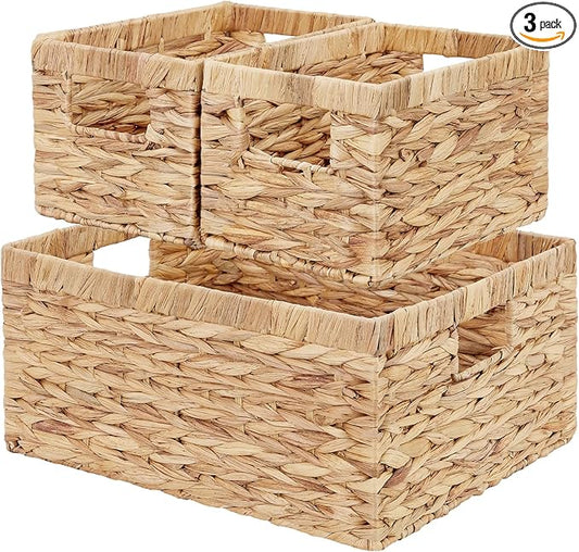 Vagusicc Wicker Basket, Set of 3 Hand-woven Storage Baskets for Organizing, Water Hyacinth Wicker Storage Basket Bins with Handles, Small Toilet Paper Storage Baskets for Shelves Pantry Baskets