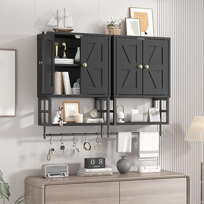 Farmhouse Medicine Cabinet - 3-Tier Wall Mounted Storage Organizer with Adjustable Shelves, Towel Bar, 5 Hooksfor Small Bathroom, Laundry Room, Over Toilet, Living Room, Bedroom (Black)