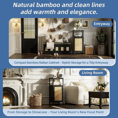 HITNET Bamboo Floor Cabinet, Small Bathroom Storage Cabinet with Single Rattan Door, Narrow Side Storage Organizer Unit Freestanding Space Saving Kitchen Cupboard, Black
