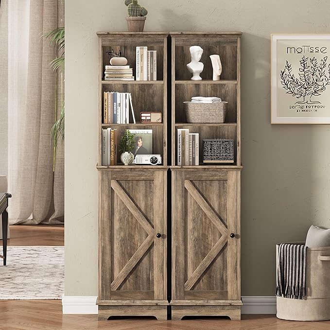 Narrow Bathroom Storage Cabinet with Door and Open Adjustable Shelves, 60.9" H Wooden Tall Tower Corner Farmhouse Cabinet, Freestanding Organizer for Kitchen, Entryway Grey