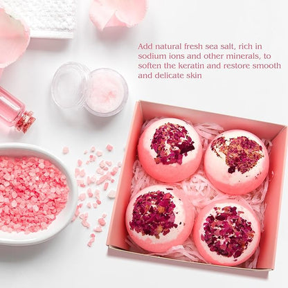 Dried Flower Bath Bombs Salt Balls,4-Pack Gift Set,Rose Extract Essential Oils,Moisturizing Dry Skin,Fizzy Spa,Relaxation,Self Care,Relaxing,Bubble Bath Bomb Gifts Idea for Men Women