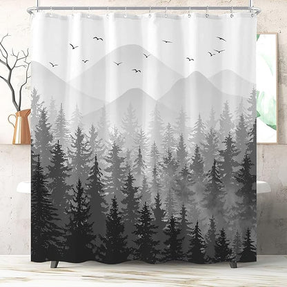 Aipon Black Misty Forest Shower Curtain Gray Ombre Nature Tree Plants Shower Curtains Fabric Waterproof Mountain Shower Curtain Sets for Bathroom Bath Decor with 12 Hooks (Black, 72'' × 78'')