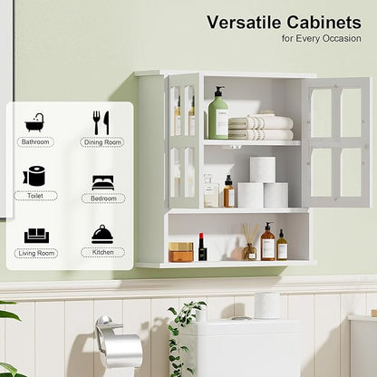 Modern Hanging Bathroom Cabinet, Sturdy Wooden Medicine Cabinet with Buffering Hinge & Anti-Scratch Door, Space-Saving Wall Mounted Over Toilet (Cross-Panel Door)
