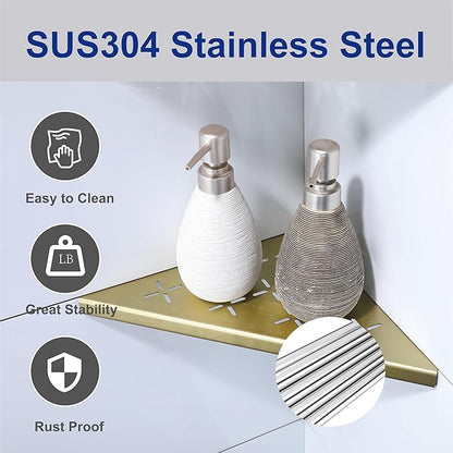 10" Corner Shower Shelf, 2-Pack Shower Shelves SUS304 Stainless Steel Bathroom Shelves for Tile Walls, Recessed Corner Shelf Organizer Rack, No Drilling (Brushed Gold)