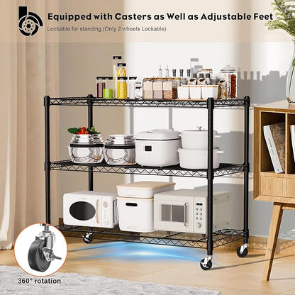 3-Tier Wire Shelving Unit with Wheels, 36.9" W x 18.6" D Heavy Duty Metal Storage Rack, Adjustable Shelves, Locking Casters, 350 lb Per Shelf (1050 lb Total) for Garage, Pantry, Kitchen