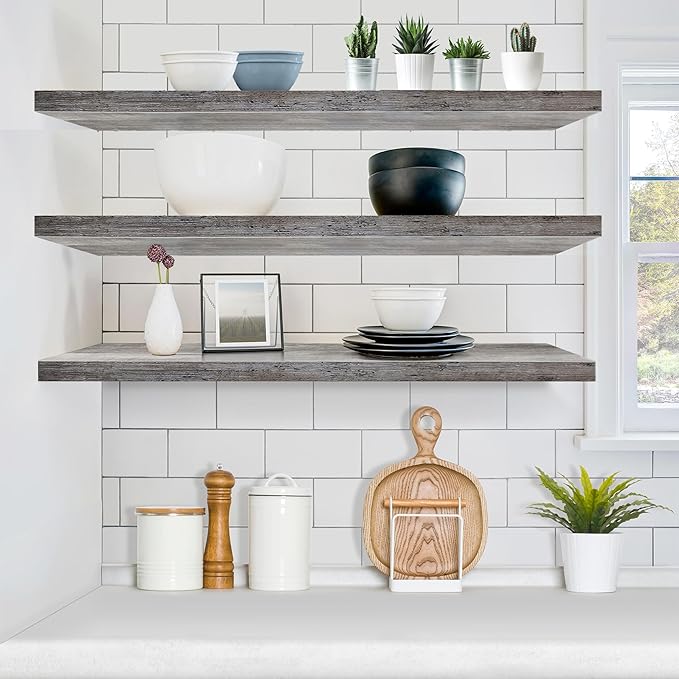 Sorbus Floating Shelves for Wall - 35 Inch Long Bathroom Shelves, Wall Decor for Bedroom, Kitchen, Living Room & Book Storage - Mounted Floating Shelf with Invisible Brackets (Gray, 3 Pack)