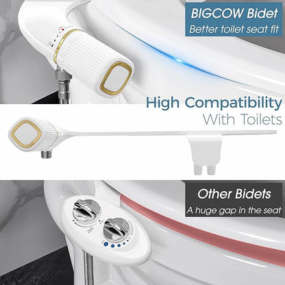 BIGCOW Ultra-Slim Bidet Attachment for Toilet - Dual Nozzle (Frontal & Rear Wash) with Adjustable Cold Water Pressure and Stainless Steel Inlet - Hygienic Solution for Fresh Cleanliness, Gold 1 Pcs