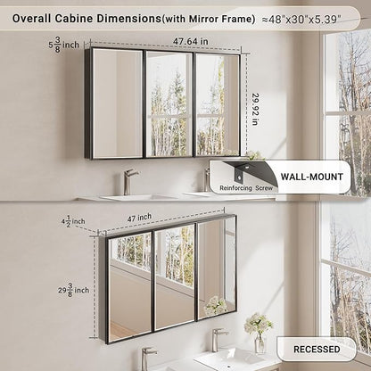 48x30 Black Medicine Cabinet with Mirror, Surface or Recessed Pre-Assembled Medicine Cabinet Mirror for Bathroom, Aluminum Beveled Frame Bathroom Vanity Mirror with Adjustable Shelves Storage