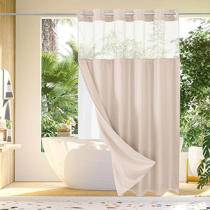 Gibelle No Hook Waffle Weave Shower Curtain with Snap-in Fabric Liner Set for Bathroom, Hotel Style with Mesh Top Window, Waterproof & Washable, Blush Pink, 72x74
