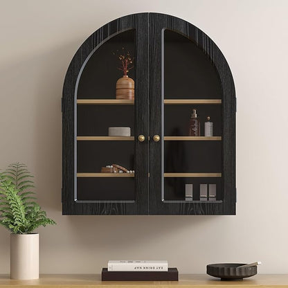 Large Arched Bathroom Wall Cabinet Modern Wooden Display Cabinet with Acrylic Doors Farmhouse Wall Mounted Cupboard Storage Organizer for Laundry Room, Dining Room, Black