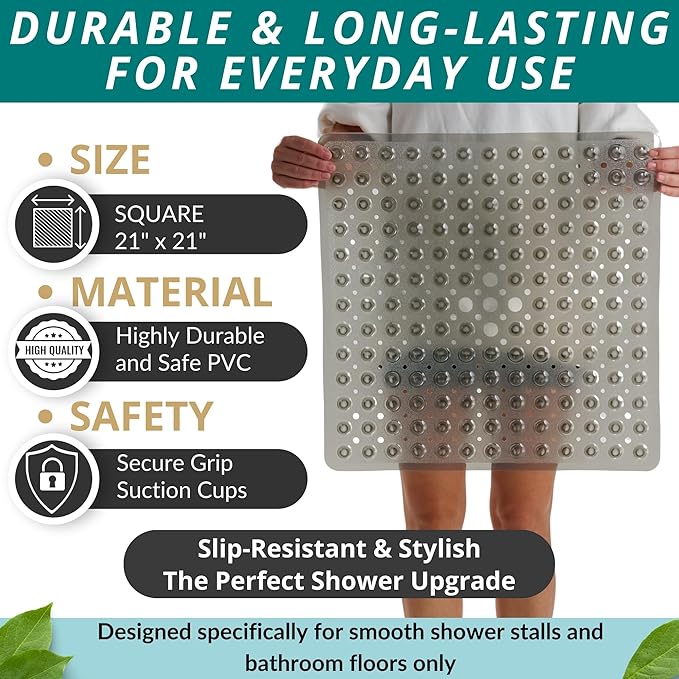 ENKOSI Square Shower Matt Non Slip - 21 x 21 - Shower Floor Mat - Anti Slip Mats for Shower Stall - Shower Bath Mat - Shower Grip Mat (21x21 Clear Grey)