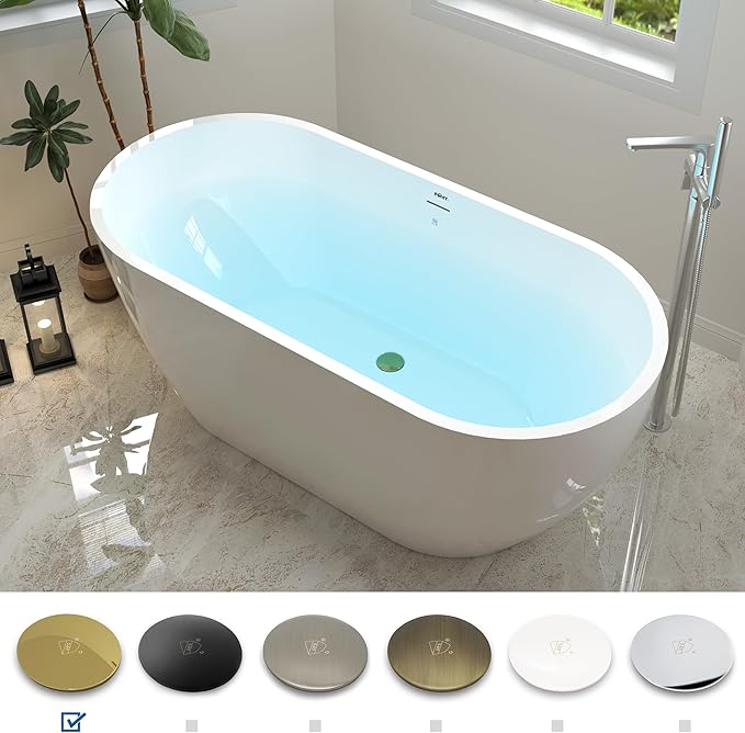 FerdY 59" Bali Acrylic Freestanding Bathtub, Gracefully Shaped Freestanding Soaking Bathtub, cUPC Certified, Toe-Tap Polished Gold Drain and Minimalist Linear Design Overflow Included