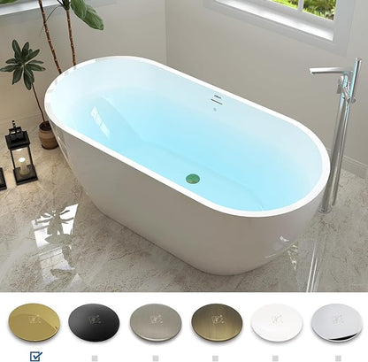FerdY 59" Bali Acrylic Freestanding Bathtub, Gracefully Shaped Freestanding Soaking Bathtub, cUPC Certified, Toe-Tap Polished Gold Drain and Minimalist Linear Design Overflow Included
