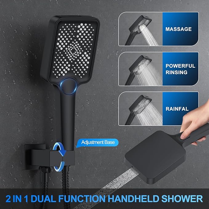 Shower Faucet Set, 12" Ceiling Mount Rainfall Shower System with 2 Rain Shower Head and Multi-function Handheld Head Push Button Diverter Shower Faucet Trim Kit (12", Matte Black)