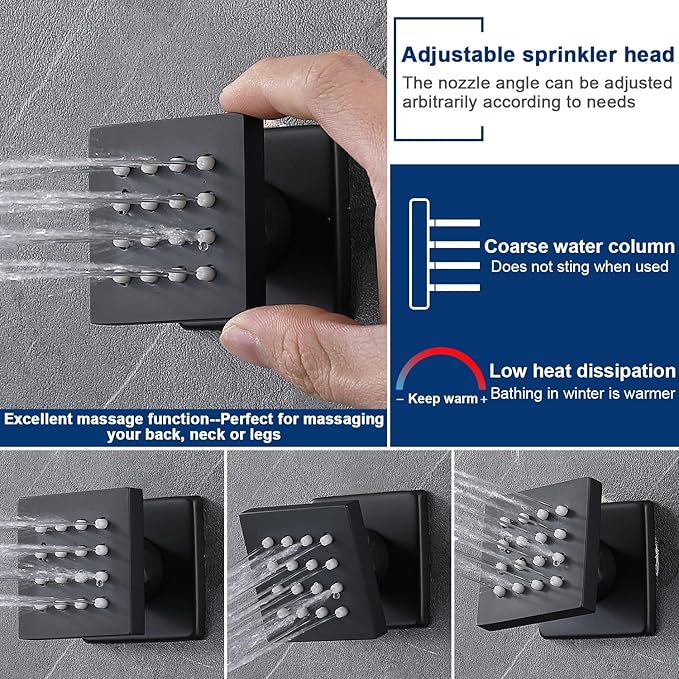 Black Thermostatic Shower System Dual Shower Heads with 16" Ceiling Mounted Rain Shower Head & 6" Wall Mounted Head 4 Function Full Body Shower System with body jets Can All Run Together
