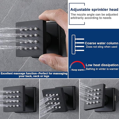 Black Thermostatic Shower System Dual Shower Heads with 16" Ceiling Mounted Rain Shower Head & 6" Wall Mounted Head 4 Function Full Body Shower System with body jets Can All Run Together